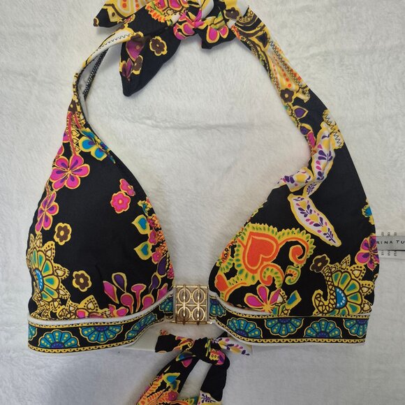 Trina Turk Halter Bikini Top Size 8 – Boho Hippie Goddess Style Swim Top w/ Gold - Picture 1 of 7
